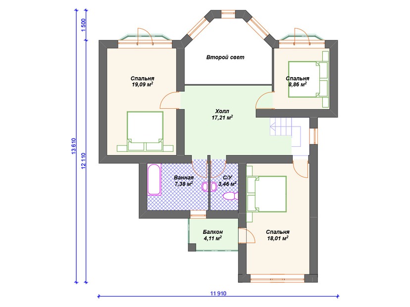 Каркасный дом 14x12 с котельной, сауной, террасой – проект V316 "Тилли" план второго этажа