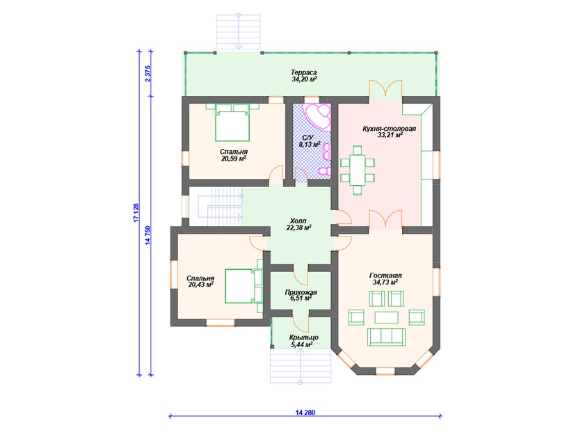 Каркасный дом 17x14 с котельной, сауной, террасой – проект V359 "Милдред" план первого этаж