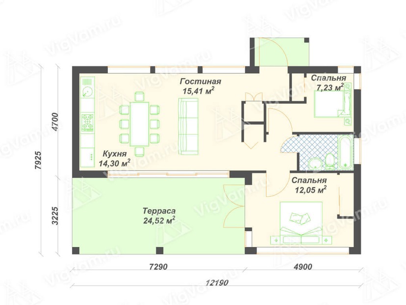 Каркасный дом 8x12 с террасой – проект V467 "Гринборо" план первого этаж