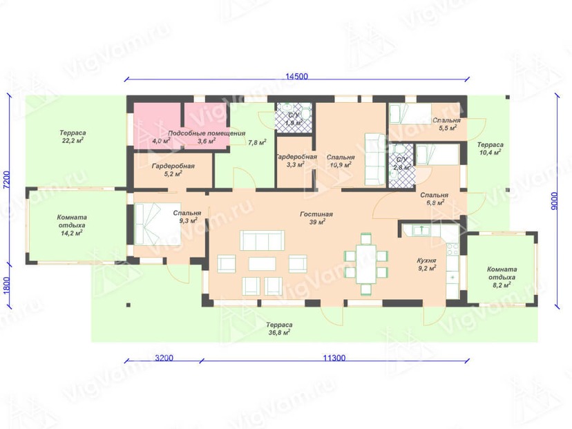 Дом из керамоблока VK468 "Санфорд" c 4 спальнями план первого этаж