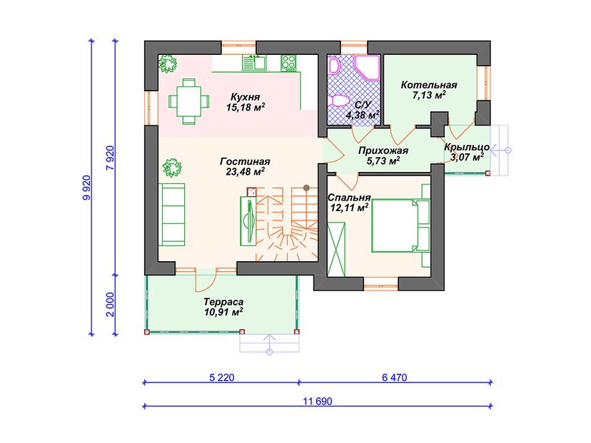 Дом из газобетона с котельной, террасой, мансардой - VG078 "Фарго" план первого этаж