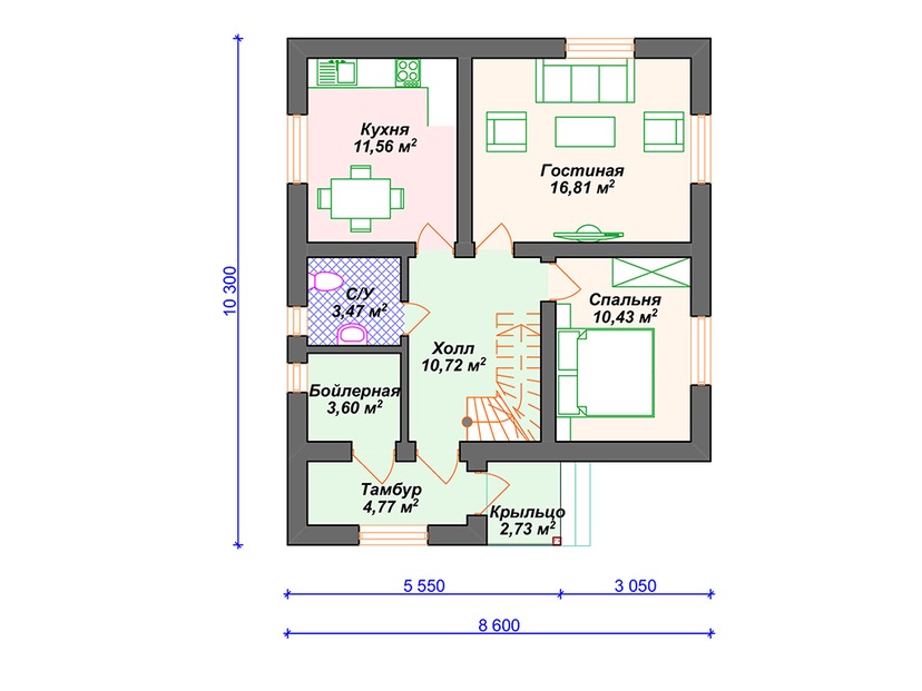 Каркасный дом 10x9 с котельной, мансардой – проект V081 "Порт Вашингтон" план первого этаж