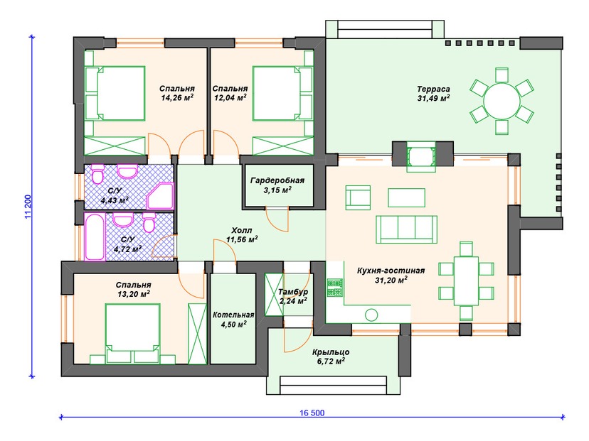 Дом по технологии Теплая керамика VK255 "Фресно" c 3 спальнями план первого этаж