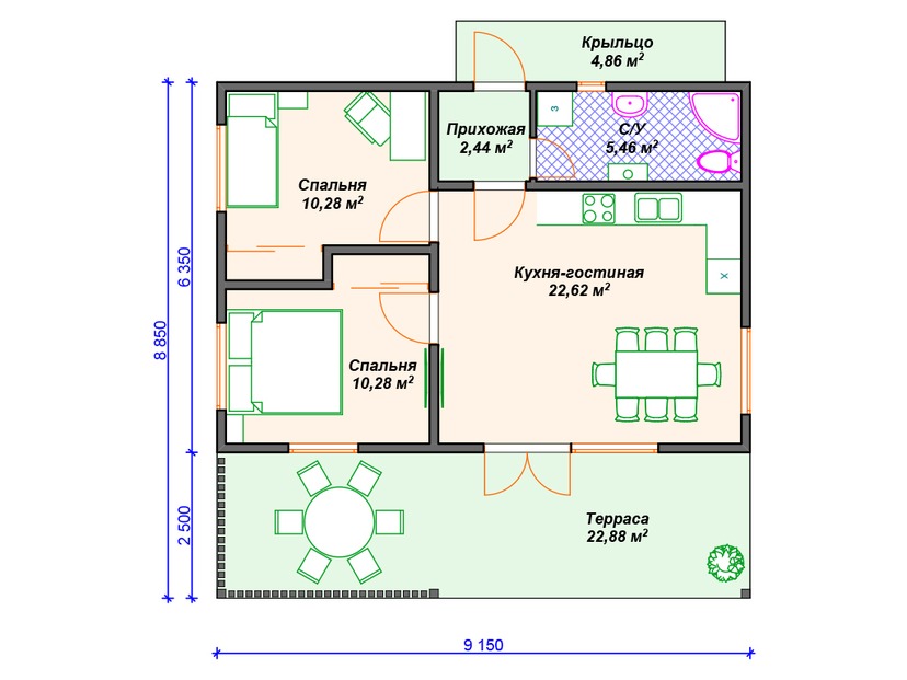 Каркасный дом 9x9 с террасой – проект V434 "Амарилло" план первого этаж