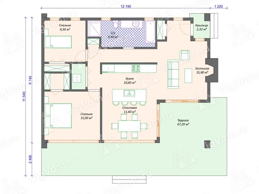 Дом из керамоблока VK469 "Элко" c 2 спальнями план первого этаж