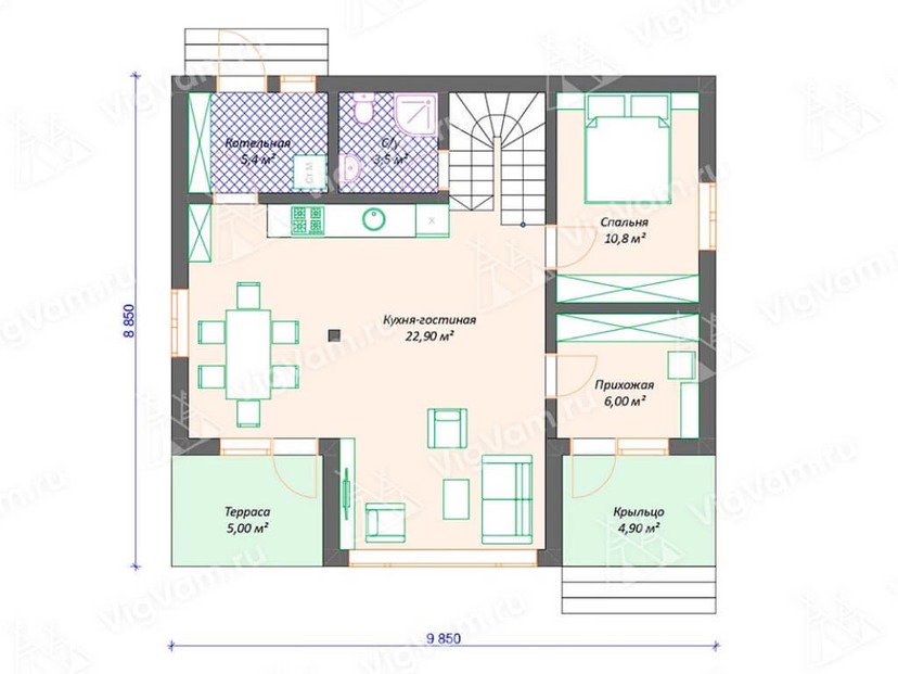 Каркасный дом 9x10 с котельной, балконом, террасой – проект V474 "Барстоу" план первого этаж