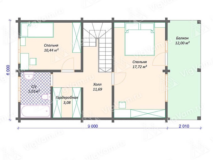 Каркасный дом 6x9 с балконом, террасой, мансардой – проект V472 "Бишоп" план мансардного этажа