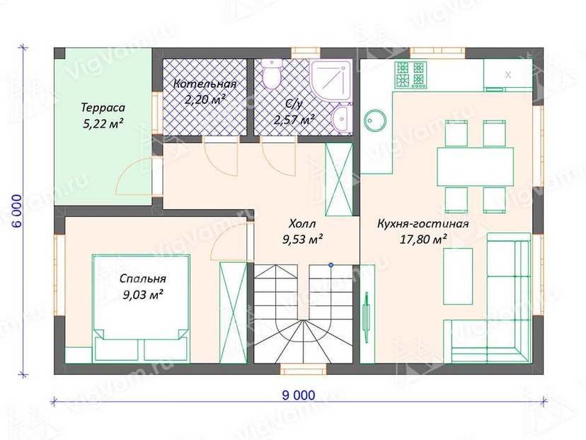 Каркасный дом 6x9 с котельной, балконом, террасой – проект V473 "Тафт" план первого этаж