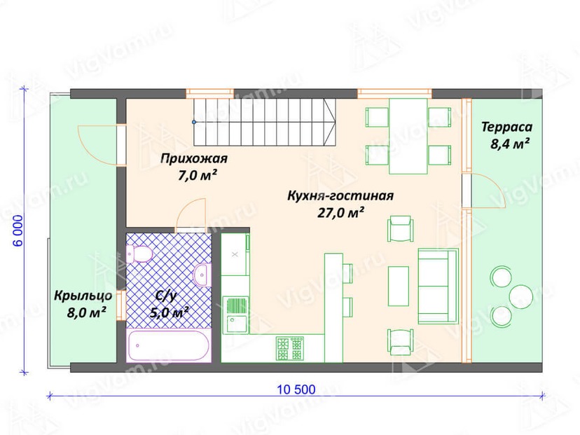 Дом из керамоблока VK481 "Мобил" c 2 спальнями план первого этаж