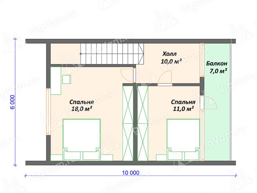 Каркасный дом 10x6 с балконом, террасой – проект V481 "Мобил" план второго этажа