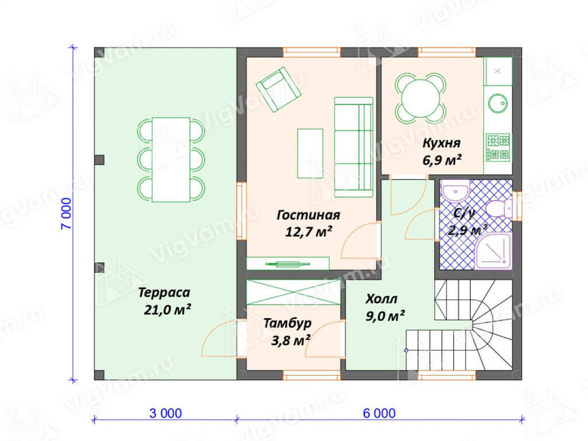 Каркасный дом 6x7 с террасой – проект V487 "Монро" план первого этаж