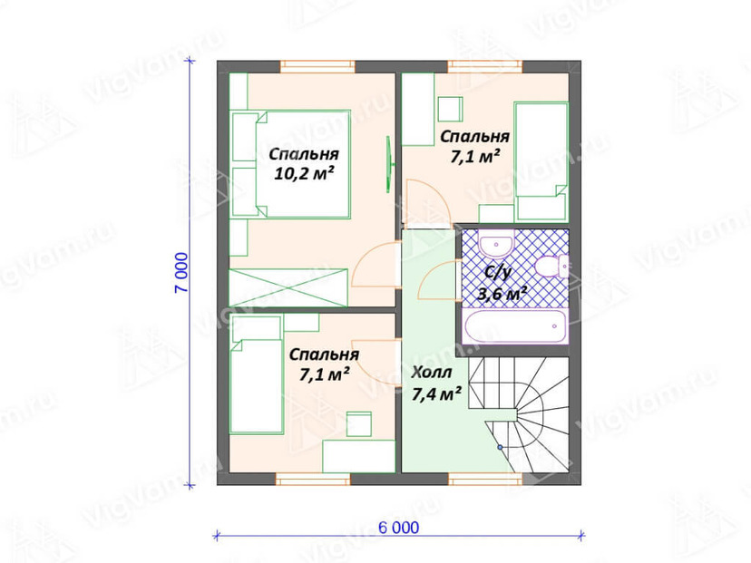 Каркасный дом 6x7 с террасой – проект V487 "Монро" план мансардного этажа
