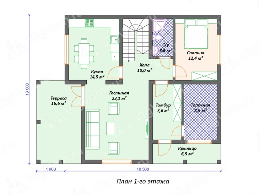 Каркасный дом 10x12 с котельной, балконом, террасой – проект V547 план первого этаж