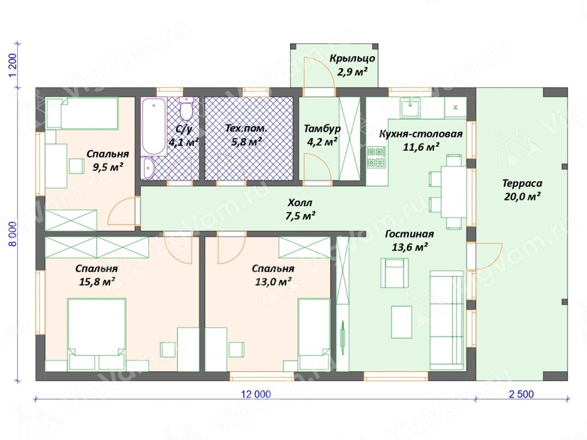 Каркасный дом 9x15 с террасой – проект V548 план первого этаж