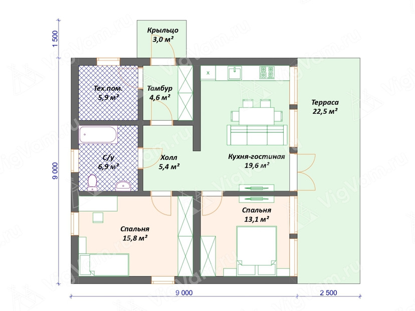 Каркасный дом 11x12 с террасой – проект V541 план первого этаж