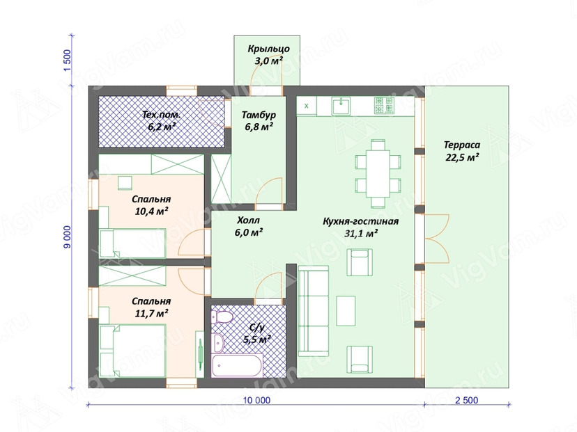 Каркасный дом 13x12 с террасой – проект V542 план первого этаж