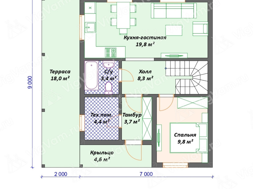 Каркасный дом 9x9 с балконом, террасой – проект V543 план первого этаж