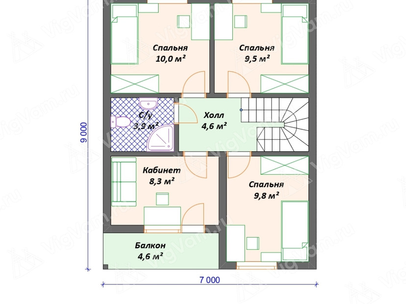 Каркасный дом 9x9 с балконом, террасой – проект V543 план мансардного этажа