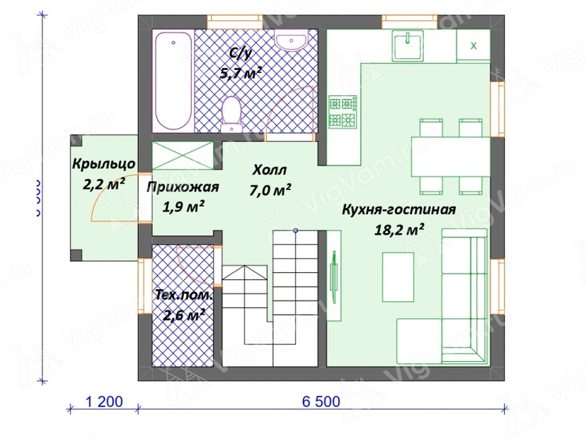 Дом из керамоблока VK554  c 3 спальнями план первого этаж