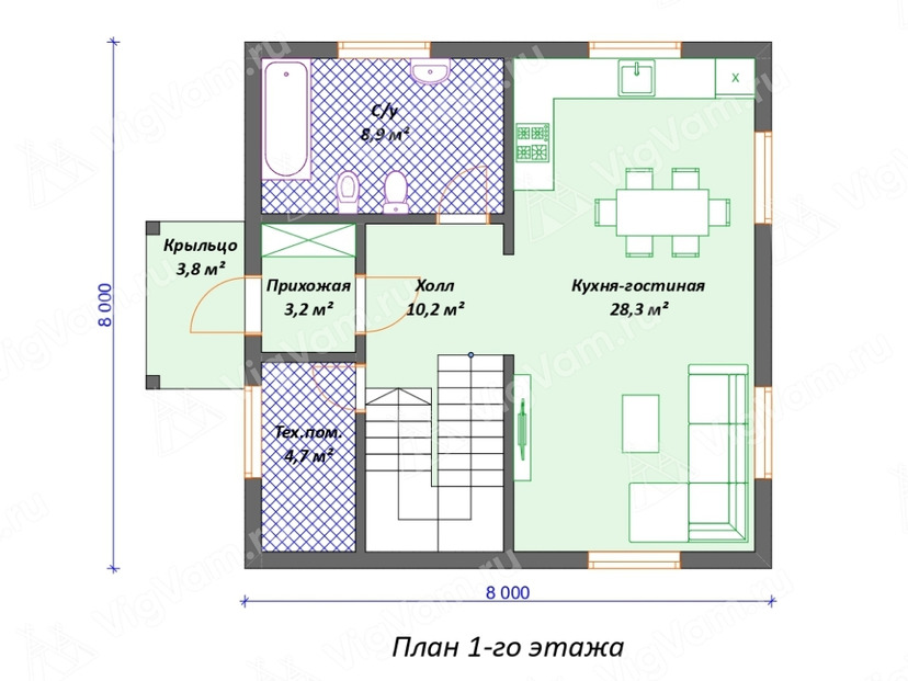 Каркасный дом 8x8  – проект V555 план первого этаж