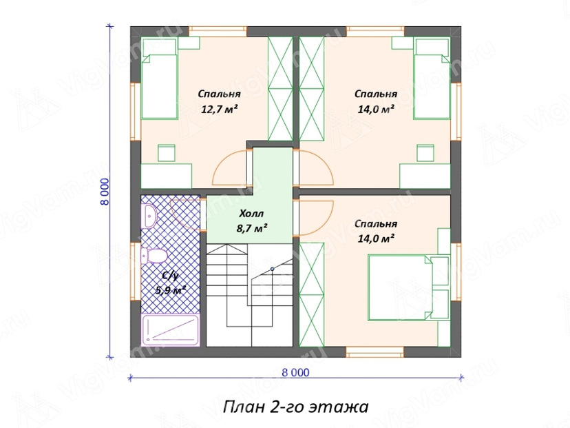 Каркасный дом 8x8  – проект V555 план второго этажа