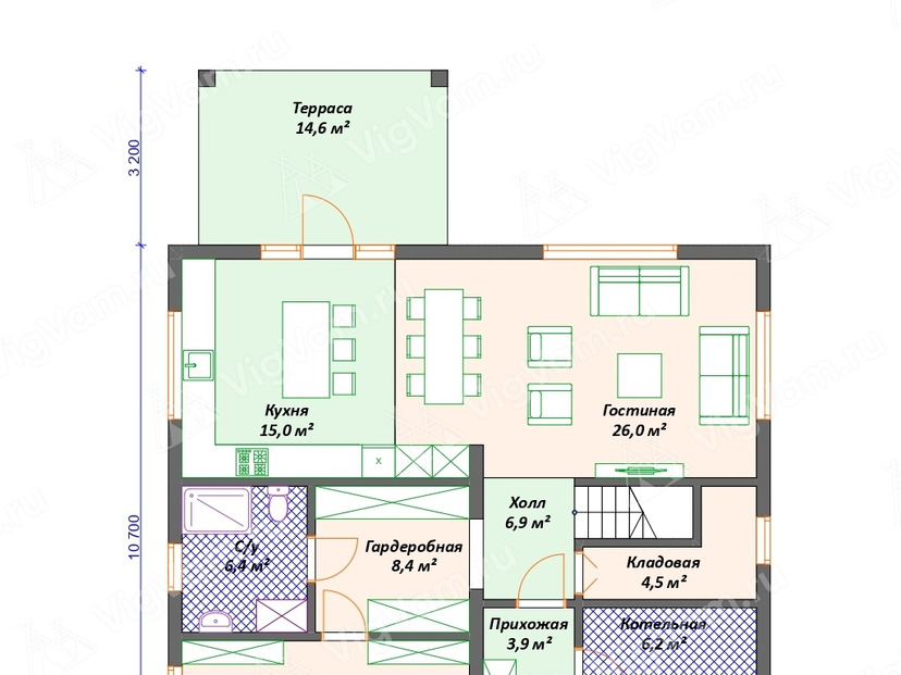 Каркасный дом 11x14 с котельной, балконом, террасой – проект V556 план первого этаж