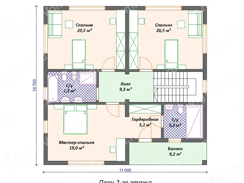 Каркасный дом 11x14 с котельной, балконом, террасой – проект V556 план второго этажа