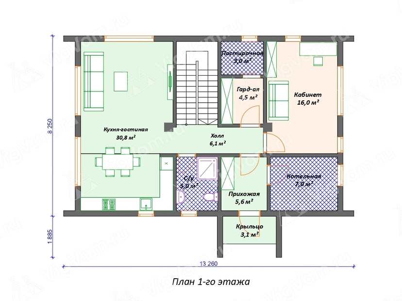 Каркасный дом 10x13 с котельной – проект V558 план первого этаж