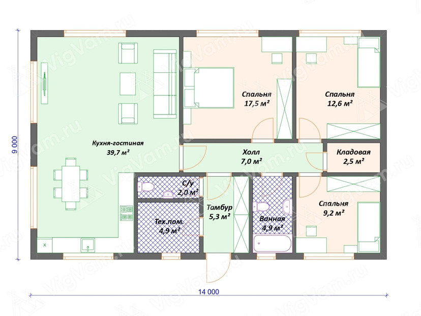 Каркасный дом 9x14  – проект V559 план первого этаж