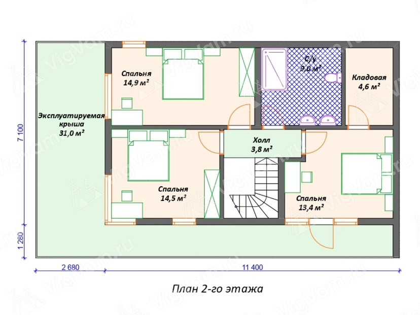 Каркасный дом 8x14 с террасой – проект V560 план второго этажа