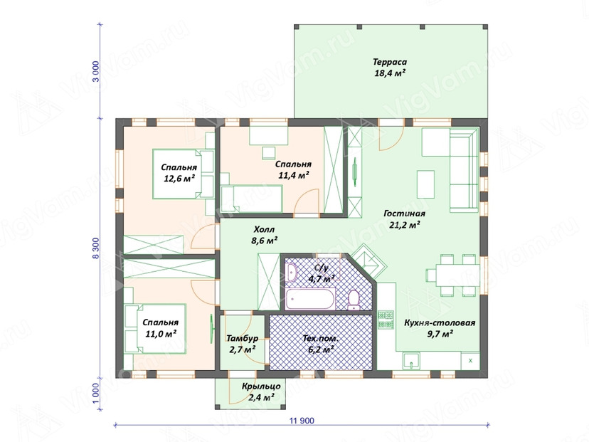 Каркасный дом 12x12 с террасой – проект V551 план первого этаж