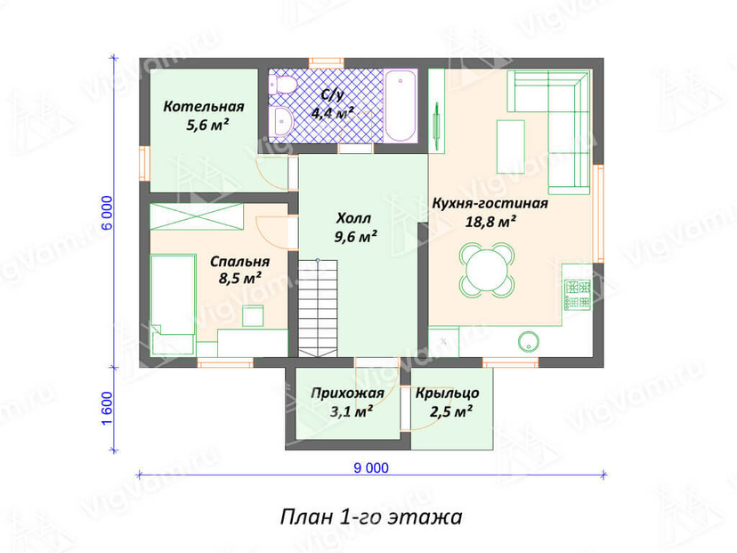 Дом из керамоблока VK489 "Осборн 6х9" c 4 спальнями план первого этаж