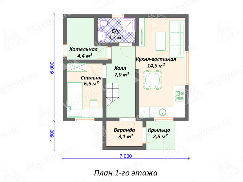 Каркасный дом 6x7 с котельной – проект V491 "Нортон 6х7" план первого этаж