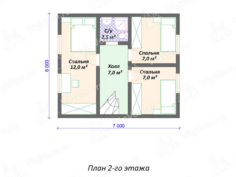 Каркасный дом 6x7 с котельной – проект V491 "Нортон 6х7" план мансардного этажа