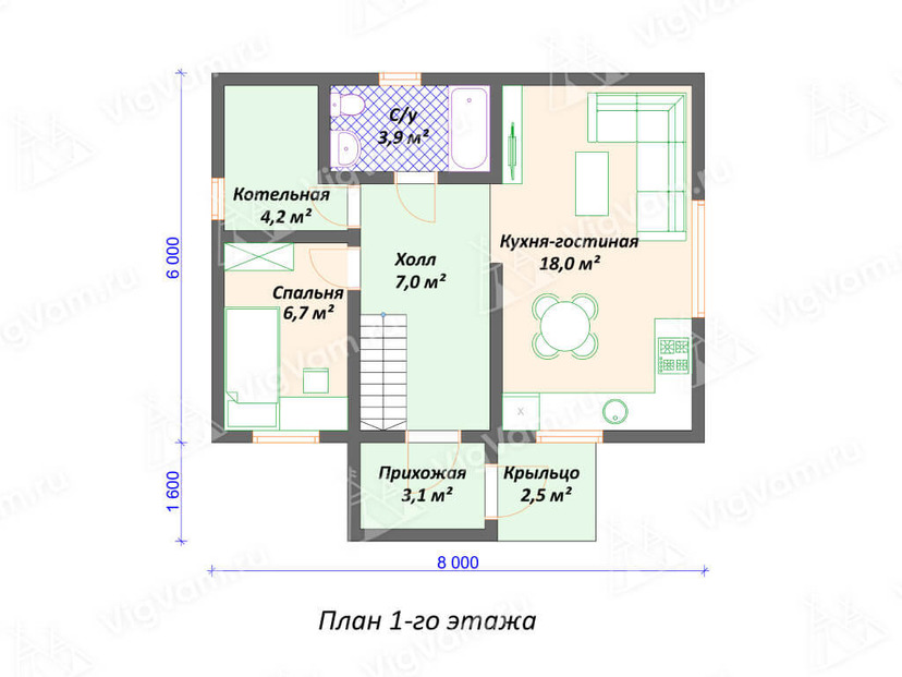 Дом из керамоблока VK492 "Нортон 6х8" c 4 спальнями план первого этаж
