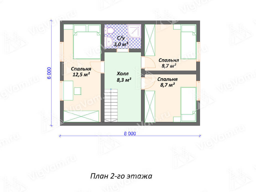 Дом из керамоблока VK492 "Нортон 6х8" c 4 спальнями план мансардного этажа