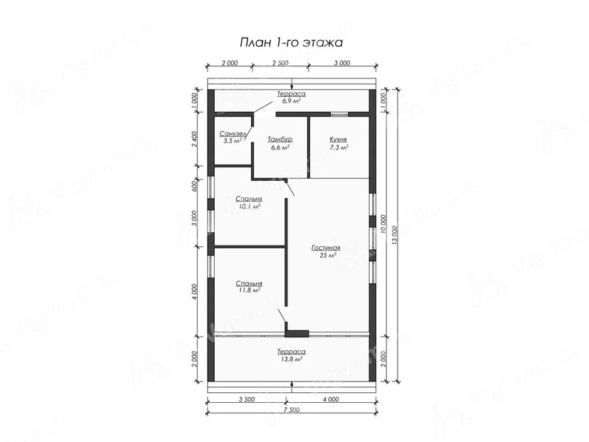 Дом из керамоблока VK506 "Фредериктон" c 2 спальнями план первого этаж