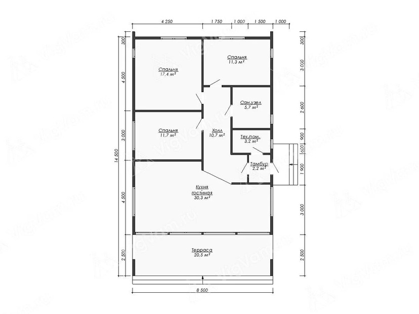 Каркасный дом 14x8 с котельной, террасой – проект V507 "Милтон" план первого этаж