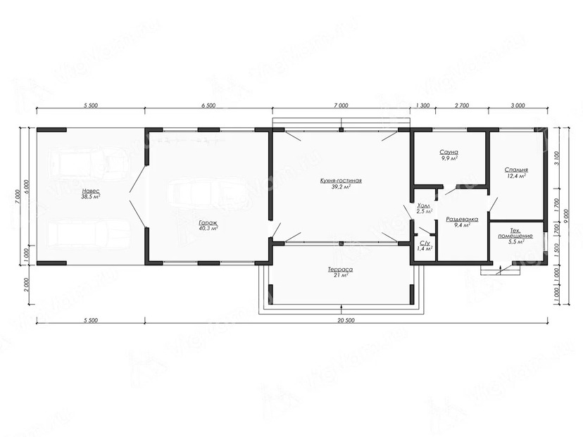 Каркасный дом 7x20 с котельной, сауной, террасой – проект V509 "Гранд-Прери" план первого этаж