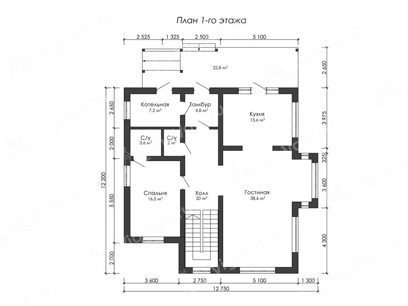 Каркасный дом 12x12 с котельной, балконом, террасой – проект V520 "Клэрингтон" план первого этаж