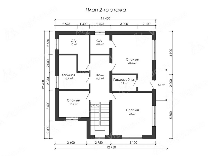 Каркасный дом 12x12 с котельной, балконом, террасой – проект V520 "Клэрингтон" план второго этажа