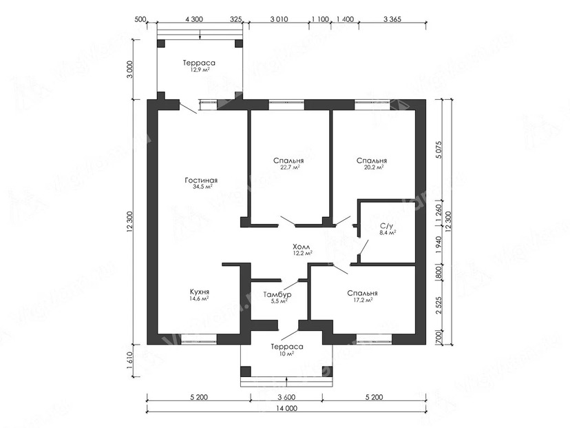 Каркасный дом 12x14 с террасой – проект V521 "Су-Сент-Мари" план первого этаж