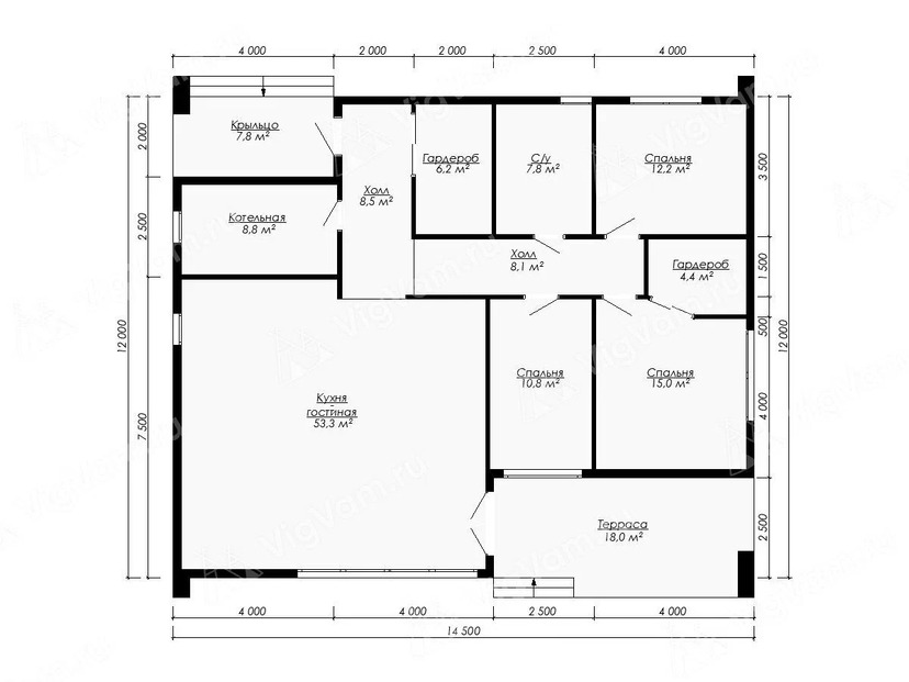 Каркасный дом 12x14 с котельной, террасой – проект V522 "Каварта-Лейкс" план первого этаж