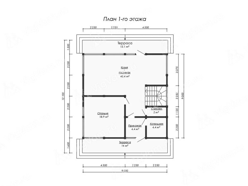 Каркасный дом 12x9 с котельной, балконом, террасой – проект V511 "Монктон" план первого этаж