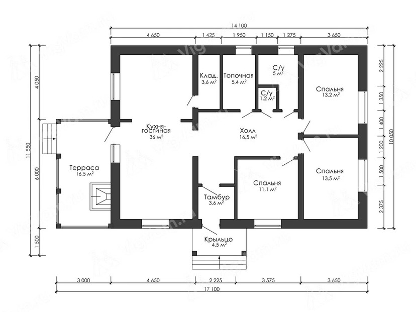 Дом из газобетонного блока с котельной, террасой - VG516 "Сарния" план первого этаж