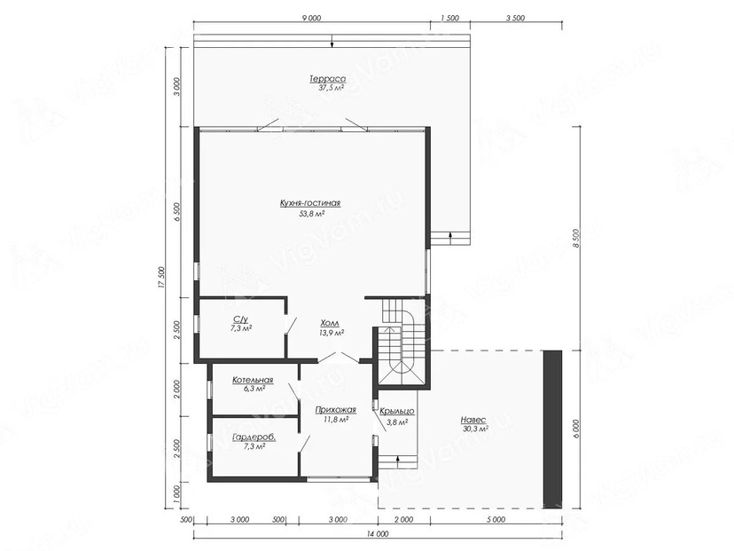 Дом из керамоблока VK523 "Тандер-Бей" c 3 спальнями план первого этаж