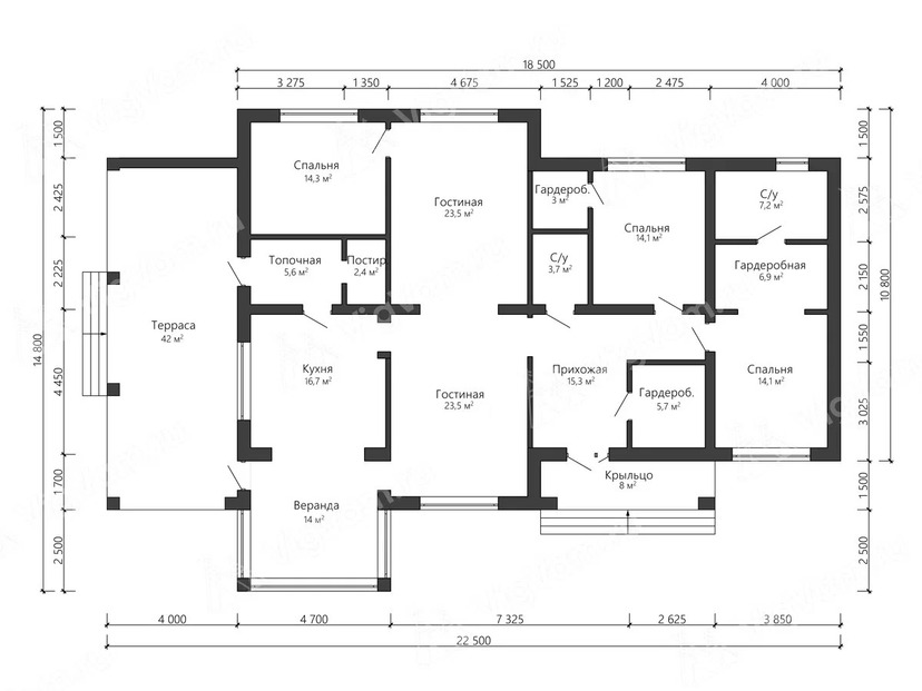 Дом из керамоблока VK517 "Броссар" c 3 спальнями план первого этаж
