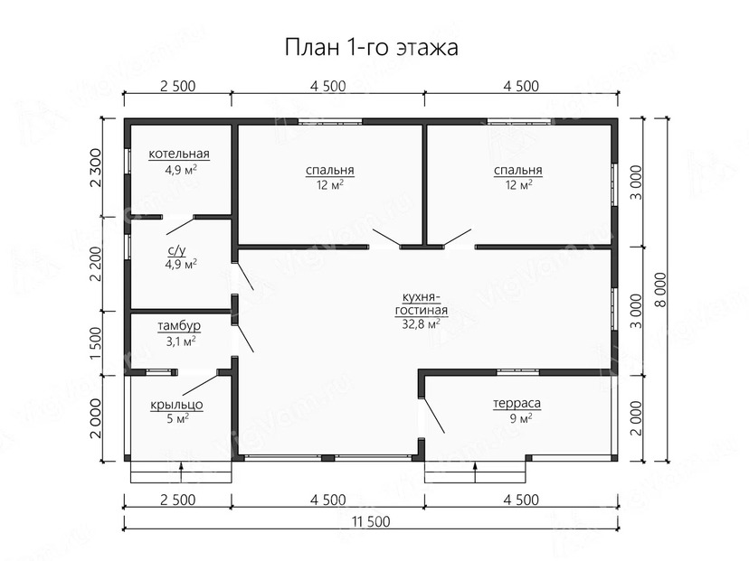 Дом из керамоблока VK533 "Лангли" c 2 спальнями план первого этаж