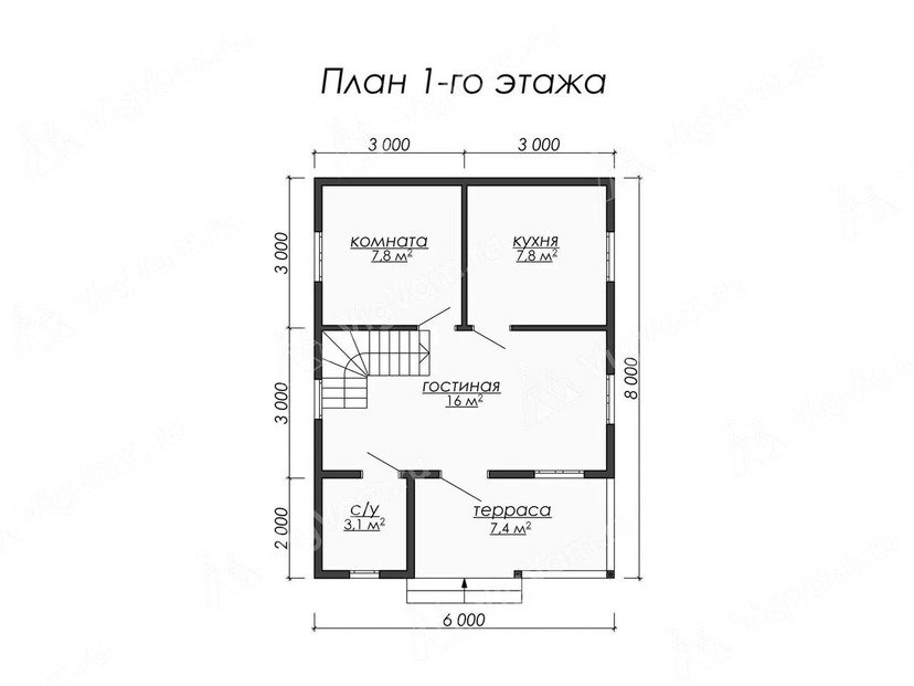 Каркасный дом 8x6 с террасой – проект V528 "Тербон" план первого этаж