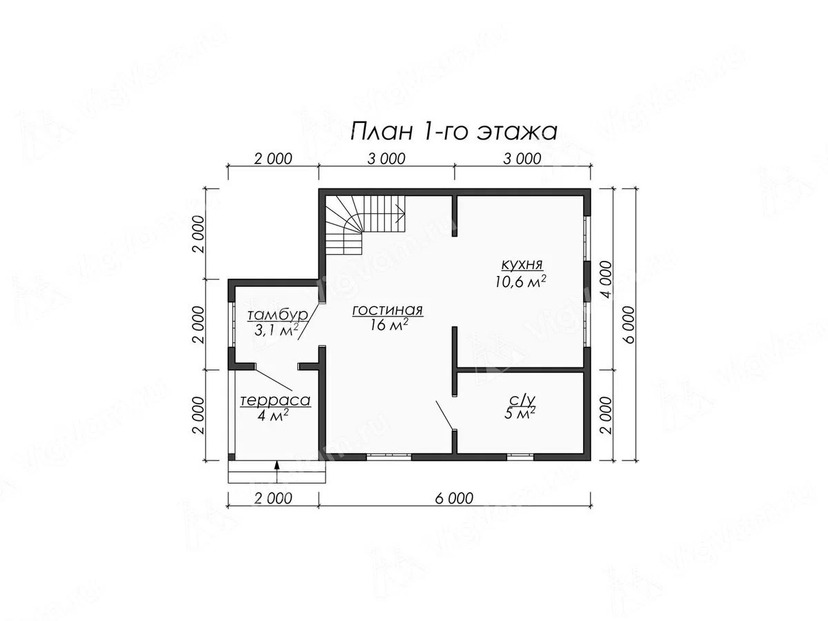 Каркасный дом 6x6 с террасой – проект V531 "Оквилл" план первого этаж